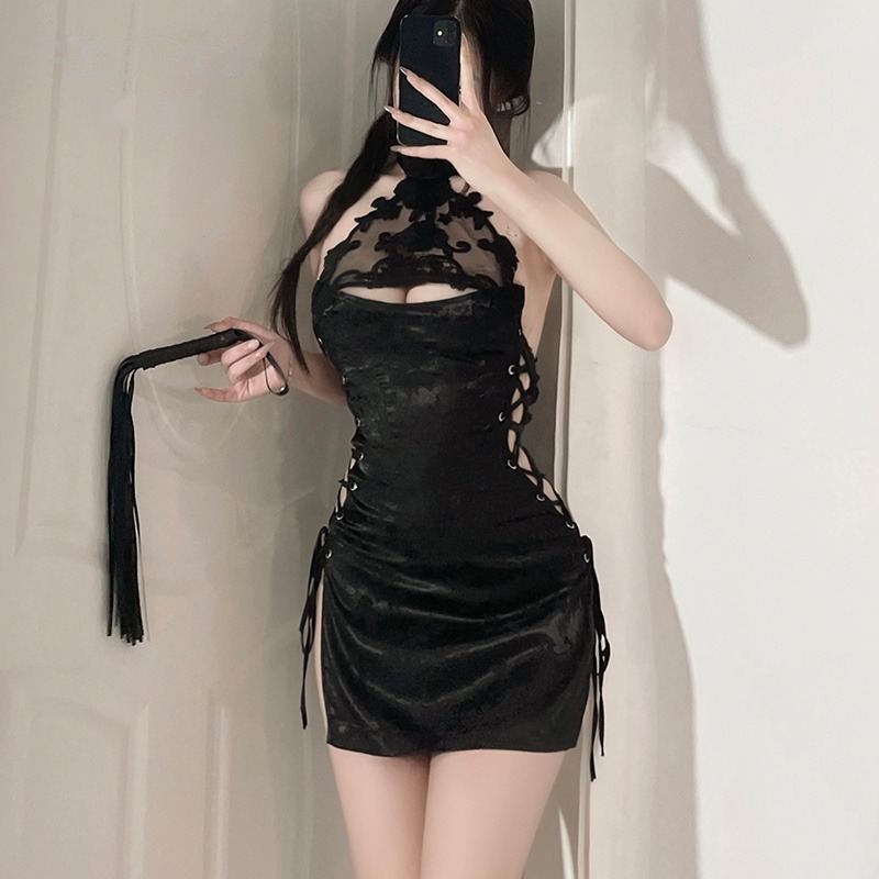 Cut-Out Lace-Up Jacquard Qipao Dress