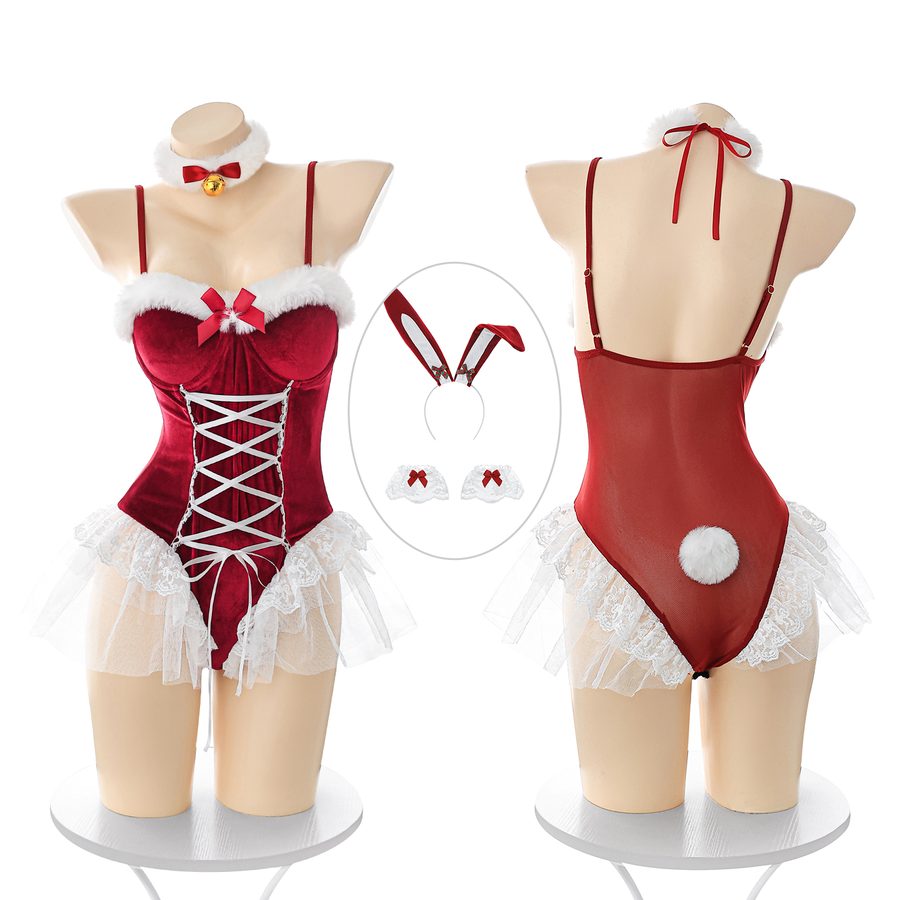 Red Velvet Bunny Crotchless Bodysuit