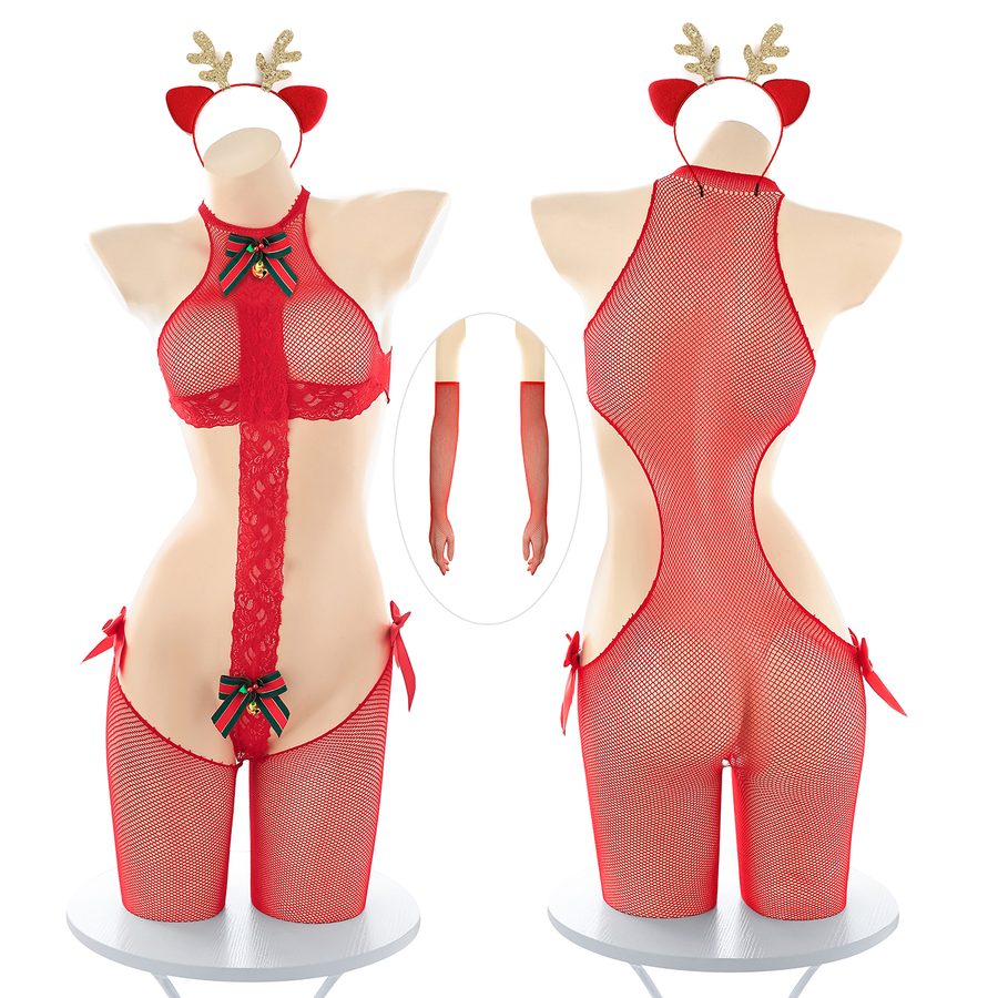 Surprise Reindeer Christmas Mesh Bodystocking